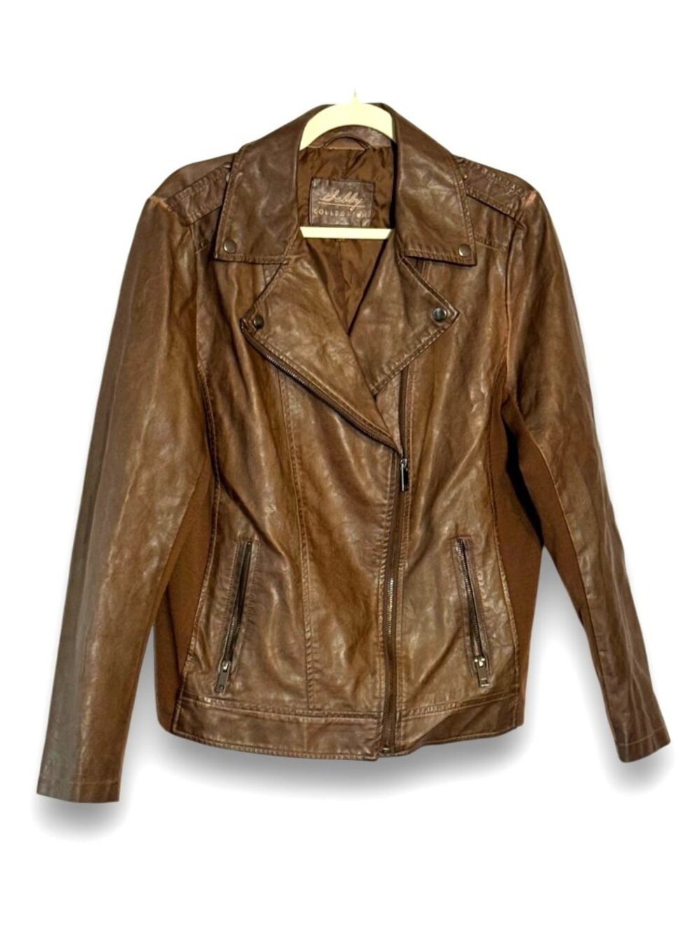 Selby Collection Women's Faux Leather Moto Jacket Brown Whiskey Size Large